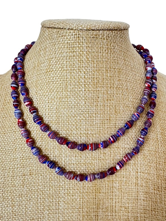 Vintage Jewelry - Vintage Striped Porcelain Bead Necklace Red White Blue Boho Festival Accessory